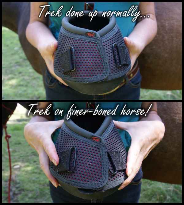 Cavallo hoof boots showing how they can be fastened differently for finer boned horses