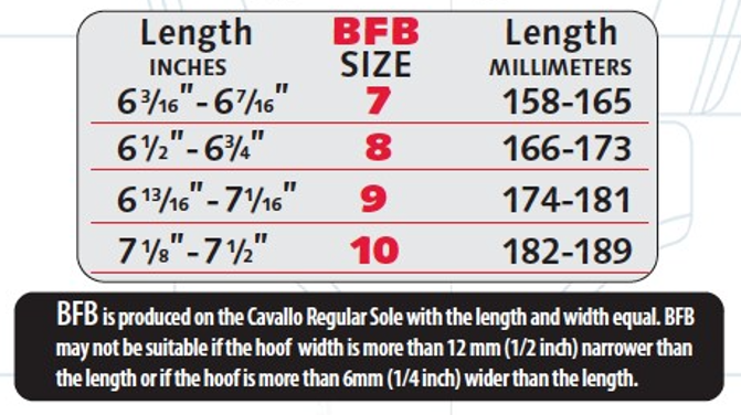 A size chart for Cavallo Hoof Boots measurements for heavy horses hooves